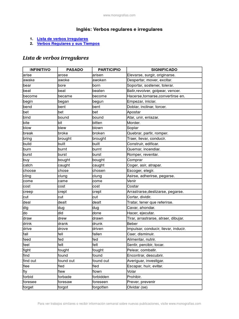 Ingles Verbos Regulares e Irregulares | PDF