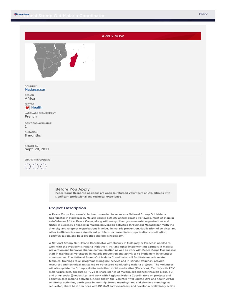 National Stomp Out Malaria Coordinator | PDF | Peace Corps | Volunteering