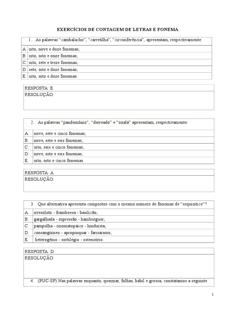 Exercícios de Fonemas e Letras | PDF | Fonema | Comunicação escrita