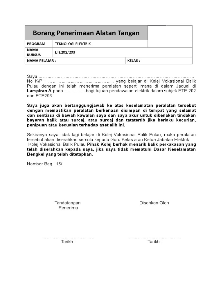 Borang Penerimaan Alatan Tangan Pdf