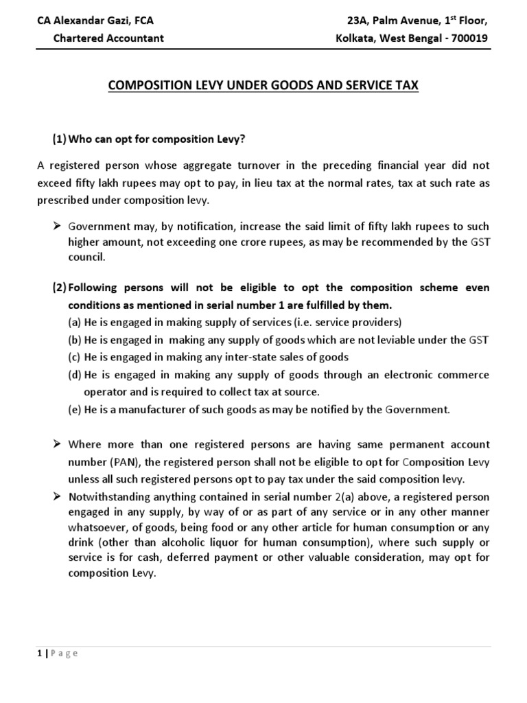 Composition Levy Under Goods and Service Tax PDF Taxes Value