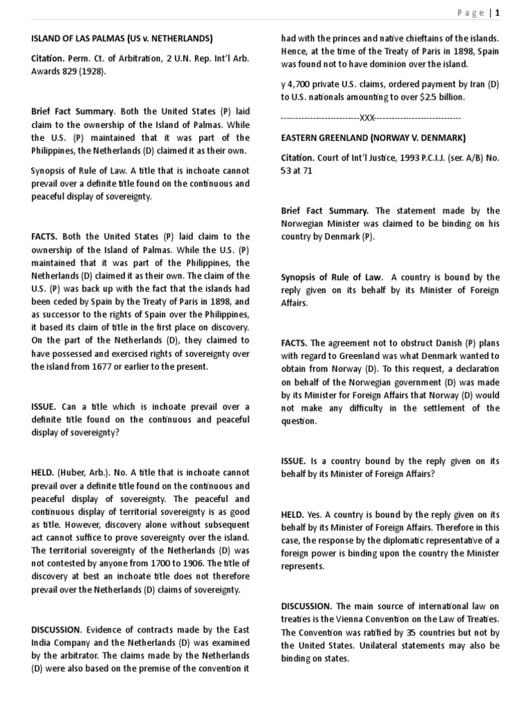 Island of Las Palmas Ownership Dispute | PDF | Public Law | Government ...