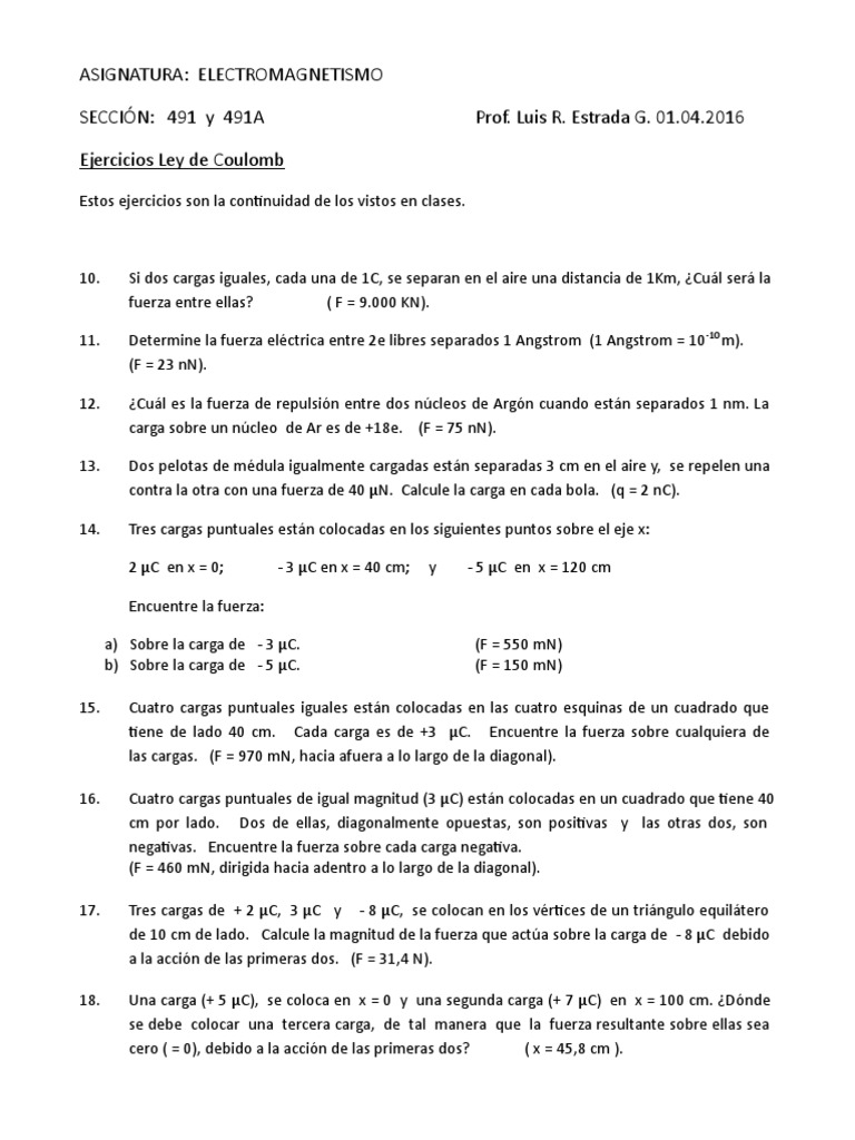 Ejercicios Ley de Coulomb. (Unidad 1).