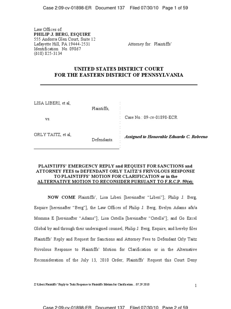 LIBERI V TAITZ (EASTERN DISTRICT of PA) 137 REPLY To Response To