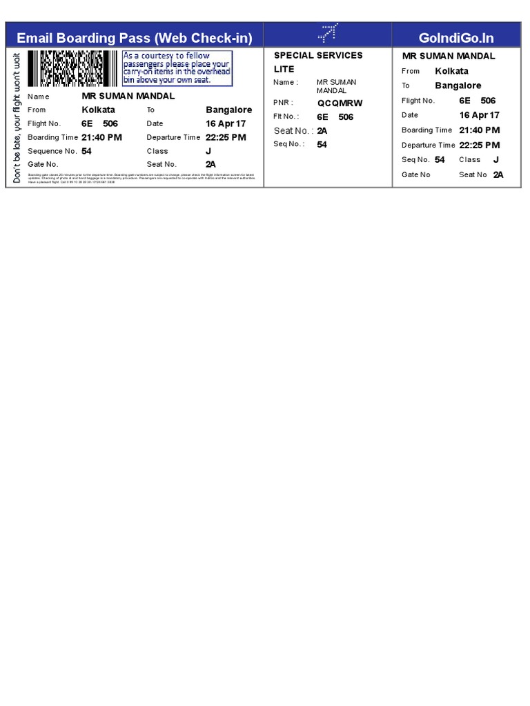 Email Boarding Pass ( Check In) Goindigo in PDF Airlines