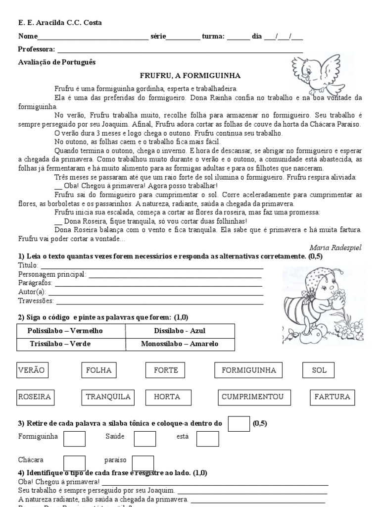 Avaliação de Português 1º Ano | PDF | Morfologia linguística | Sintaxe