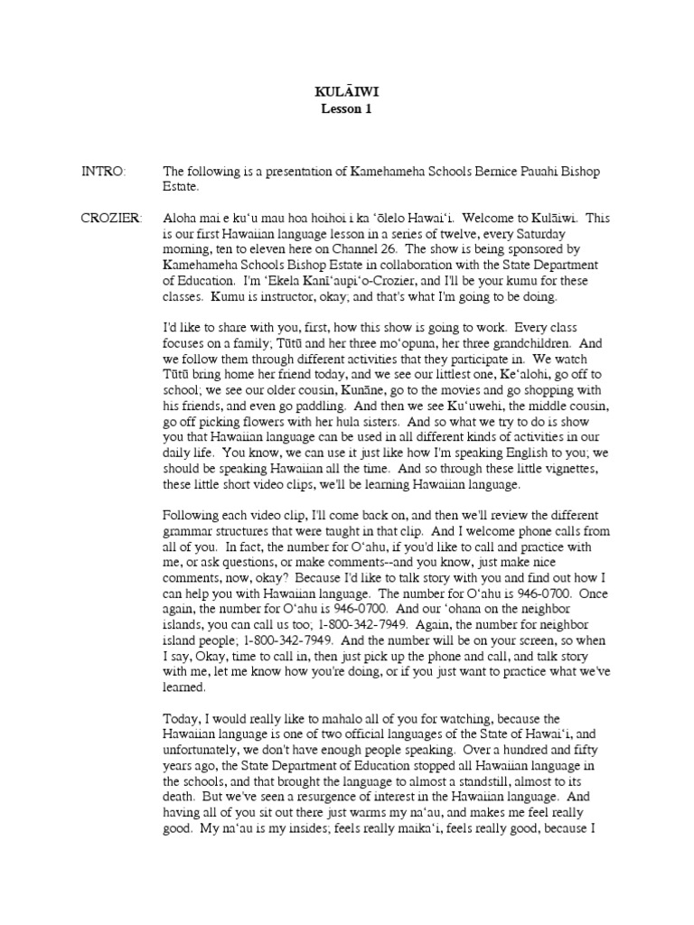 Easy Hawaiian Lesson 1 | PDF | Alphabet | Vowel