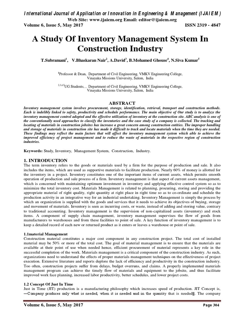 A Study of Inventory Management System in Construction Industry | PDF