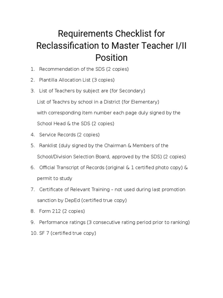 Requirements Checklist For Reclassification To Master Teacher I PDF
