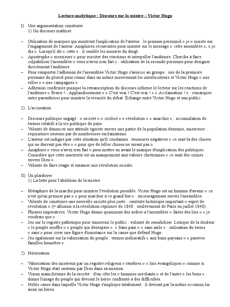 Lecture Analytique Discours Sur La Misère  Victor Hugo  Révolutions