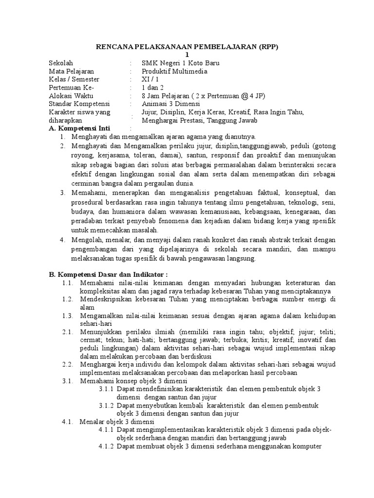 RPP  animasi  3 dimensi semester 1 K13  RPP  animasi  3 dimensi semester 1 K13
