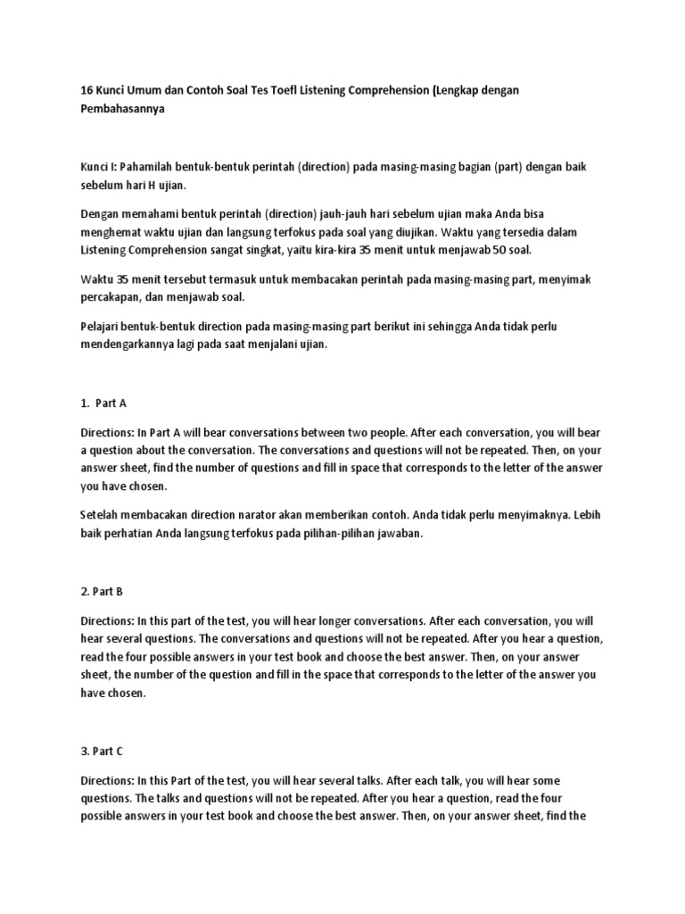 16 Kunci Umum Dan Contoh Soal Tes Toefl Listening Comprehension Docx