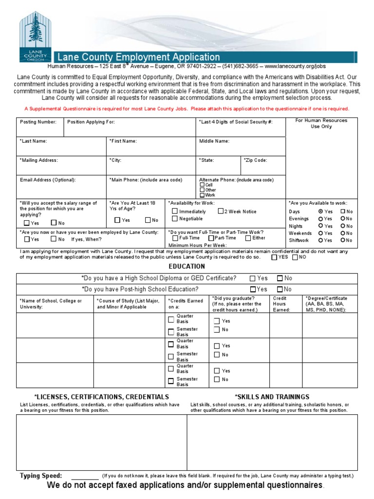 Lane County Employment Application We Do Not Accept Faxed Applications
