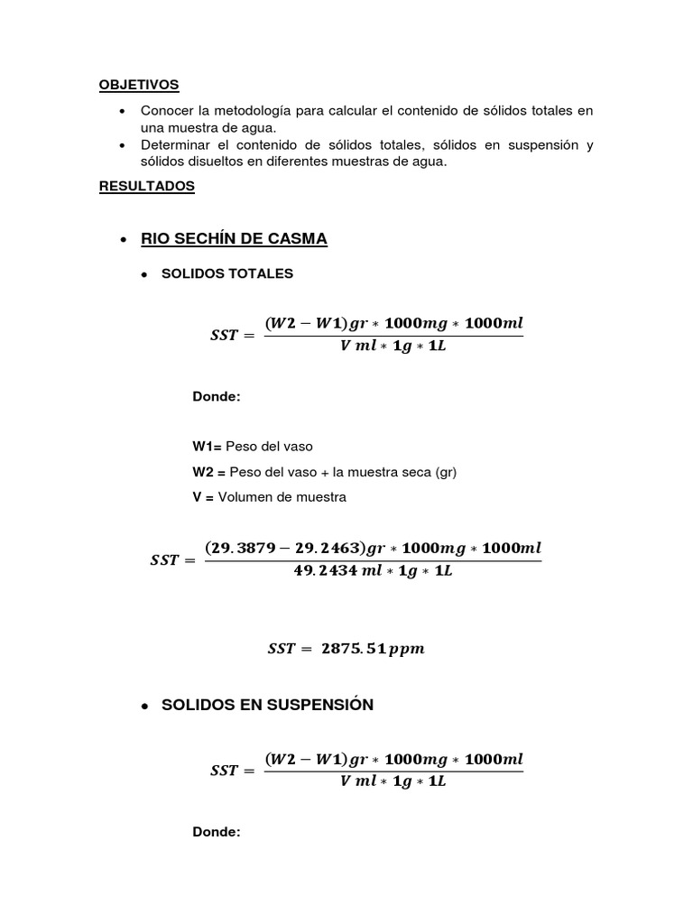 Cálculo de Sólidos Totales en Agua | PDF | Agua | Química