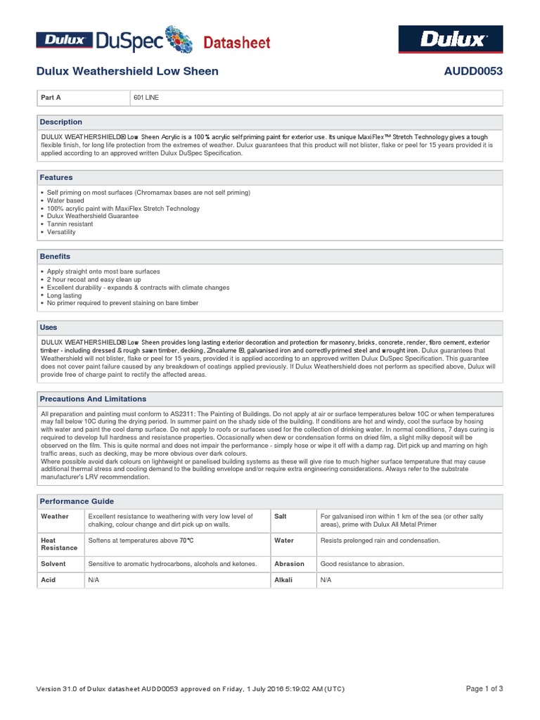Dulux Weathershield Low Sheen Datasheet PDF Paint Chemistry