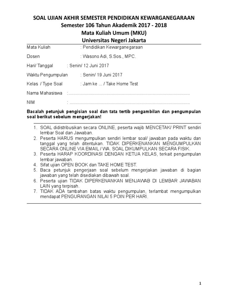 Soal Uas Pendidikan Kewarganegaraan Perguruan Tinggi