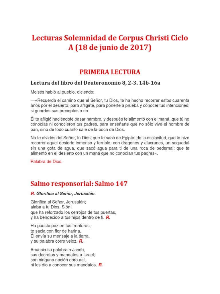 Lecturas Solemnidad de Corpus Christi Ciclo A PDF eucaristía Jesús
