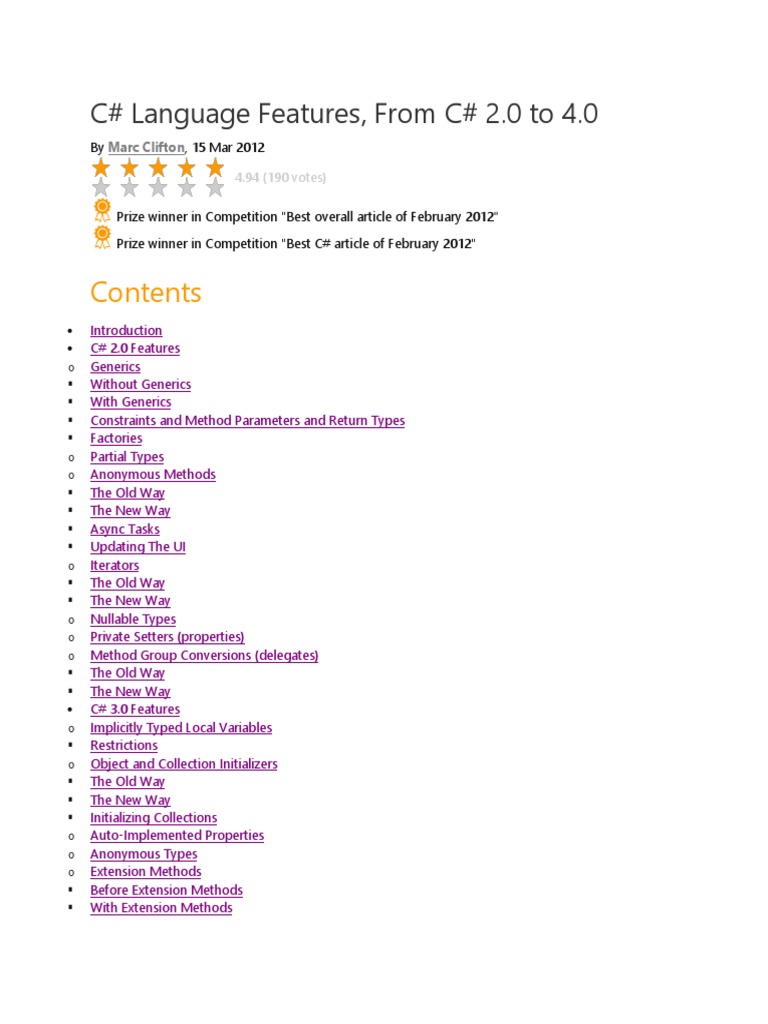 C# Language Features: 2.0 to 4.0 | PDF | C Sharp (Programming Language ...