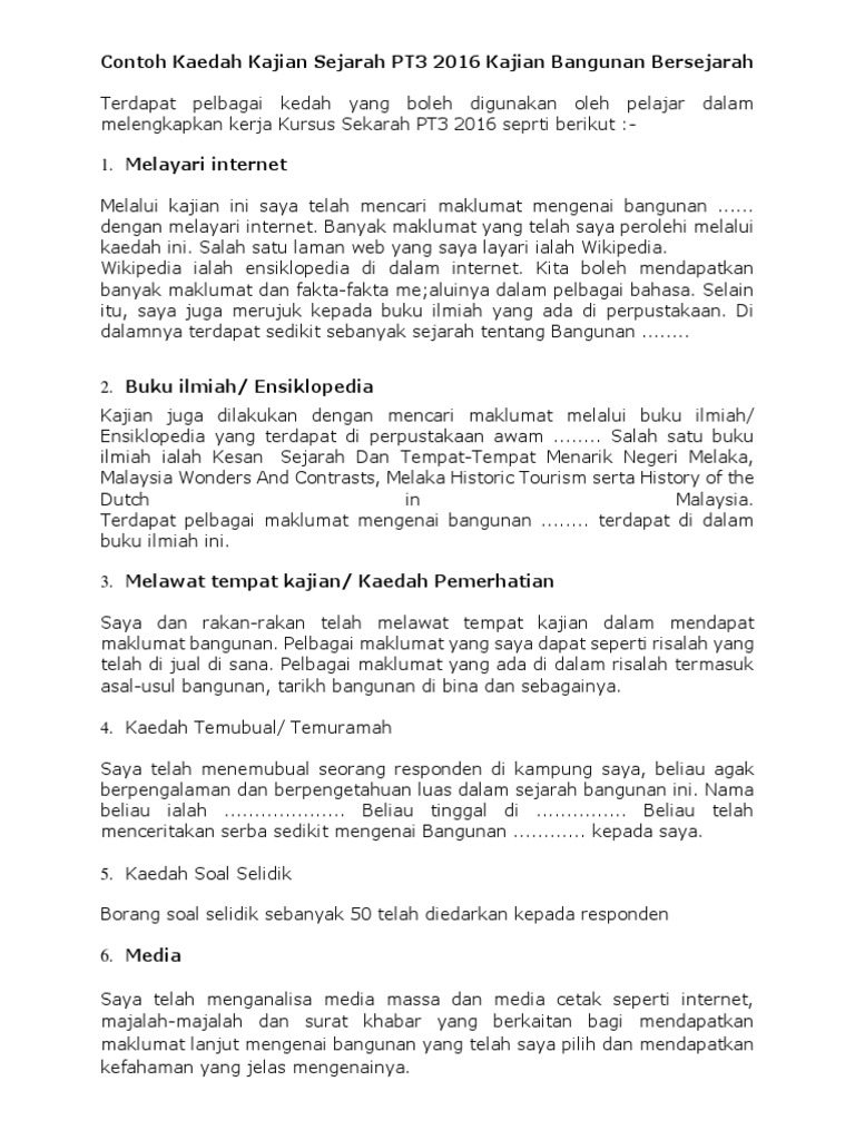 Contoh Kaedah Kajian Sejarah PT3 2016 Kajian Bangunan Bersejarah | PDF