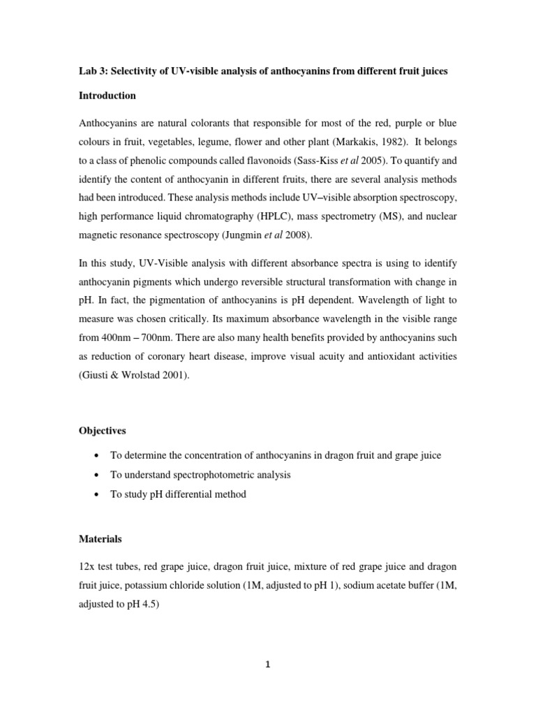 Lab Report Selectivity of UVvisible Analysis of Anthocyanins From Different Fruit Juices