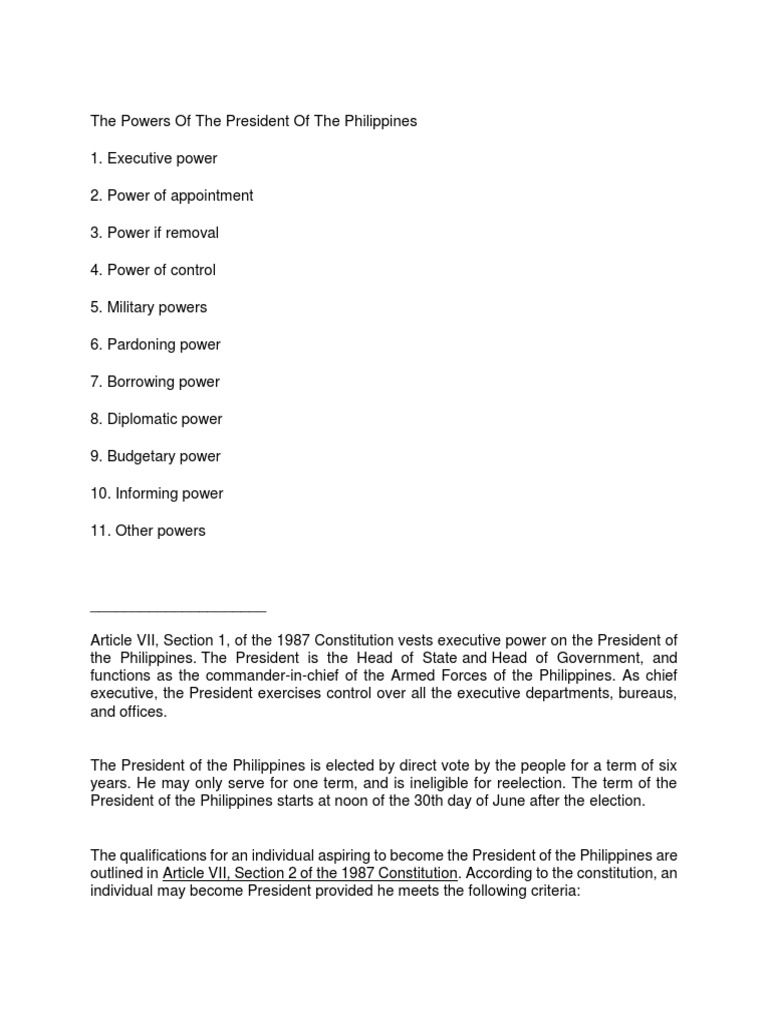 The Powers of the President of the Philippines President Of The