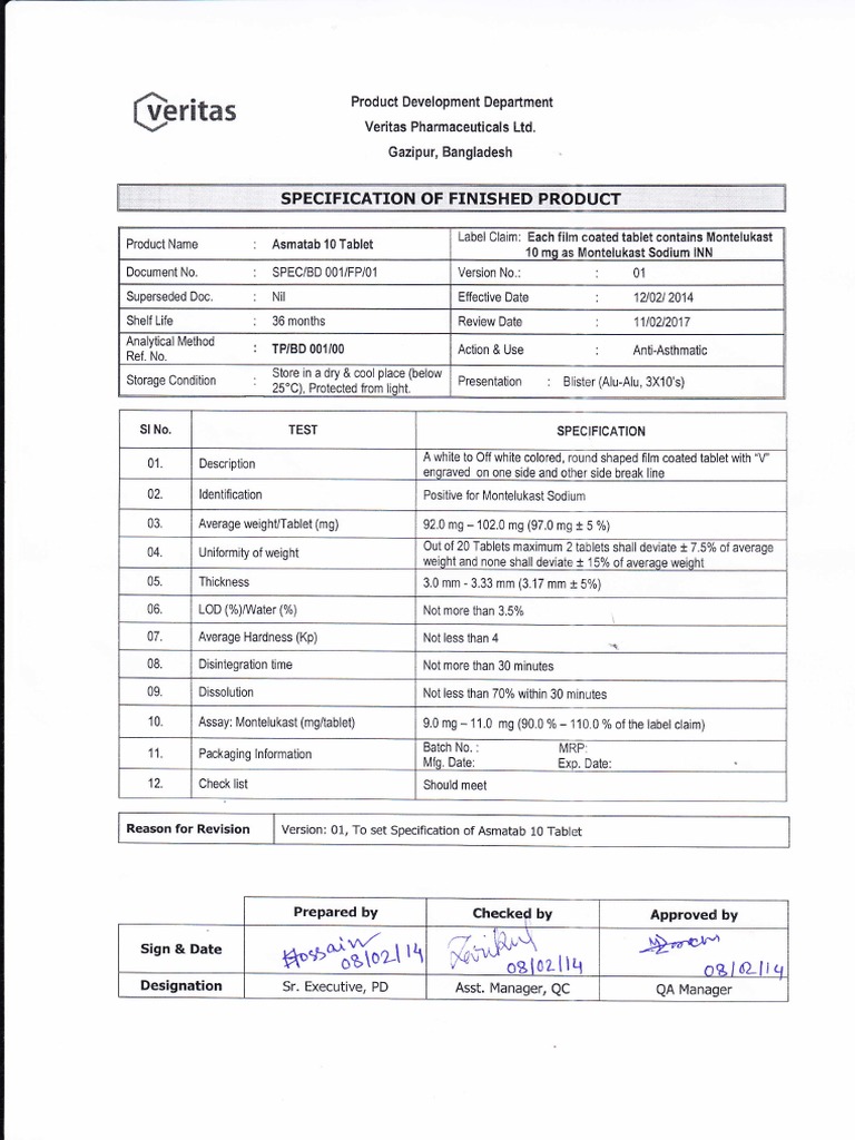 Finished Product Spec Tablet (Pharmacy) Pharmaceutical Sciences