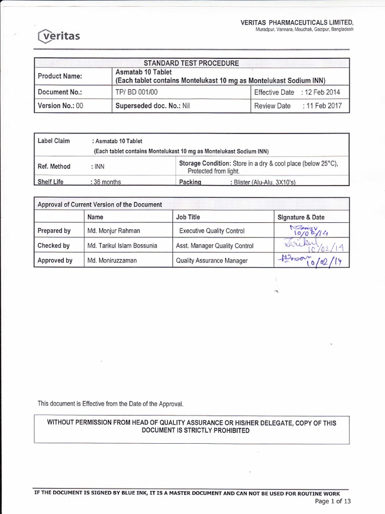 Asmatab 10 Tablet Testing Procedure | PDF | High Performance Liquid ...