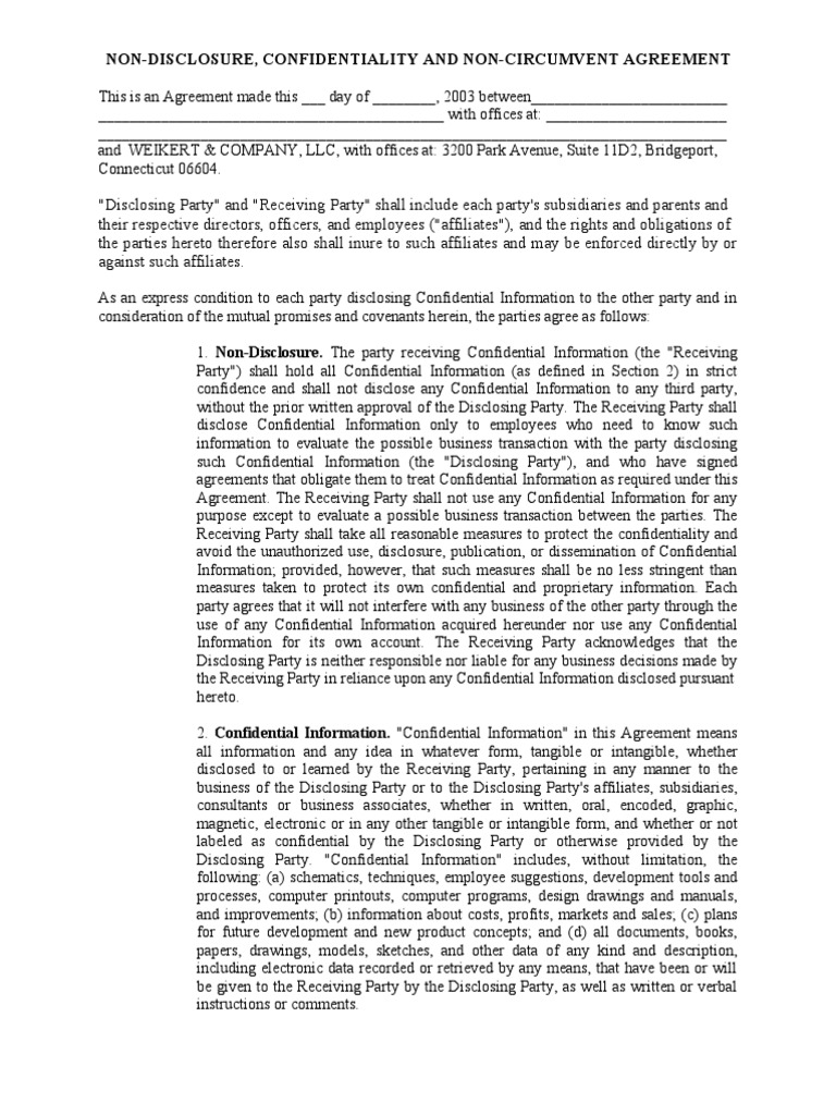 Non Disclosure - Confidfentiality and Non Circumvent Agreement - NDA ...