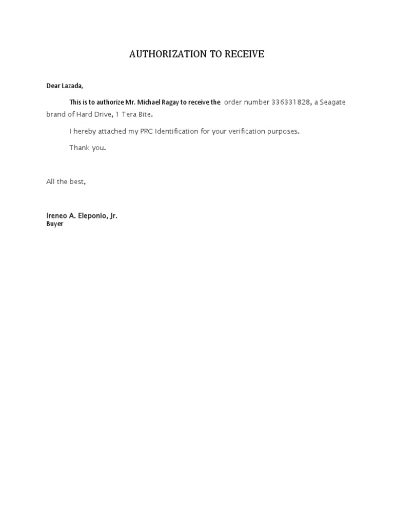 Authorization To Receive: Dear Lazada, This Is To Authorize Mr. Michael ...
