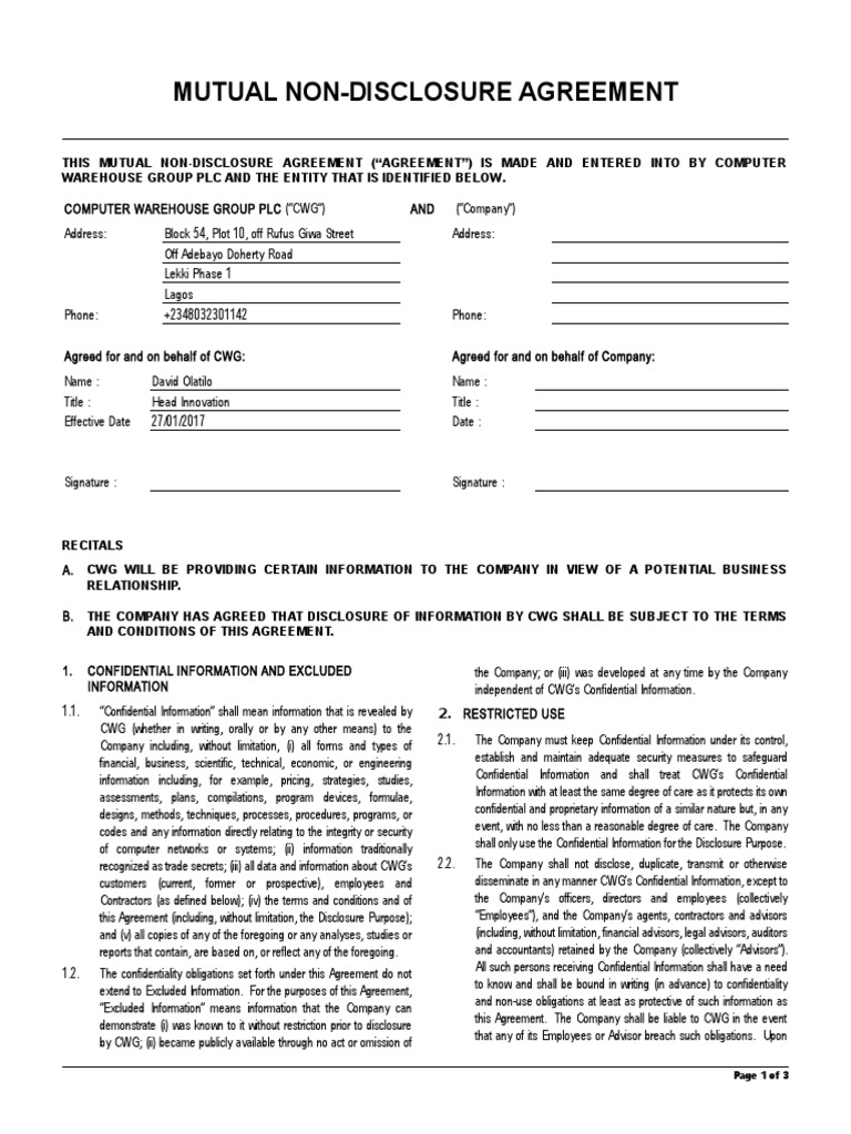 CWG Standard NDA Confidentiality Non Disclosure Agreement