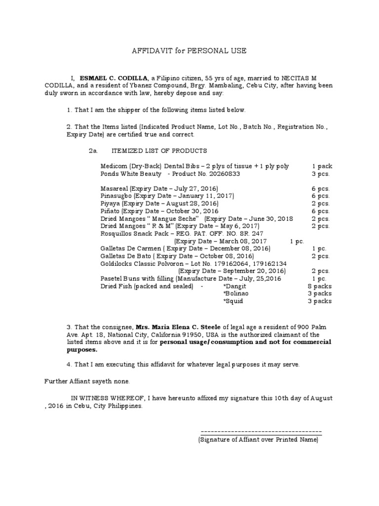 Personal Use Affidavit by Esmael Codilla | PDF | Affidavit | Document