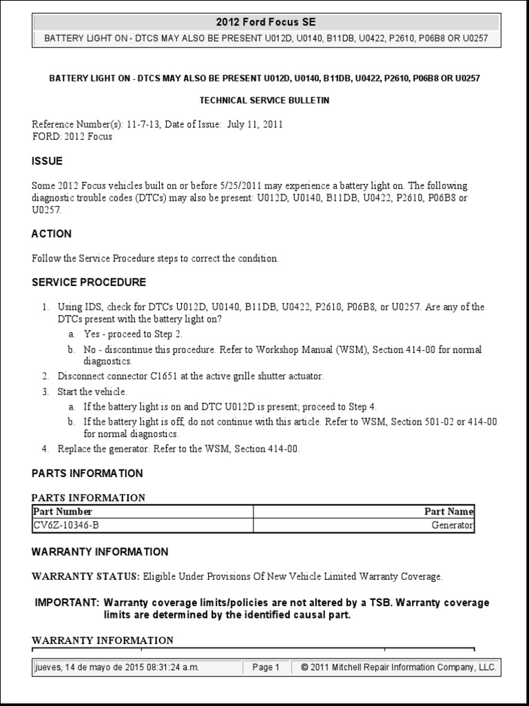 Ford TSB 11-7-13 | PDF | Wheeled Vehicles | Automotive Industry