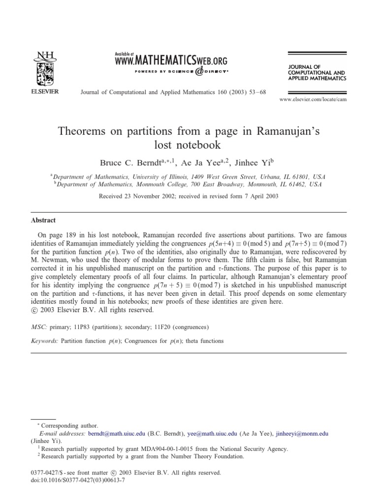 Berndt B C, Yee A J, Yi J Theorems On Partitions From A Page in