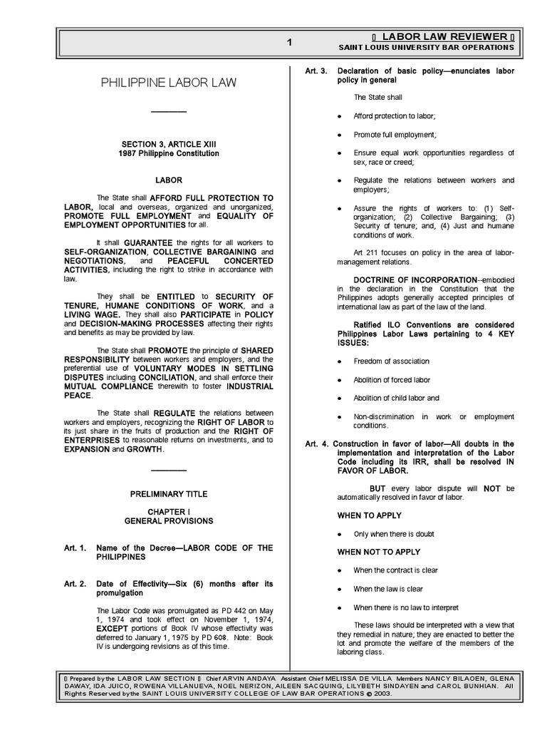 Philippine Labor Law Overview | PDF | Employment | Labour Law