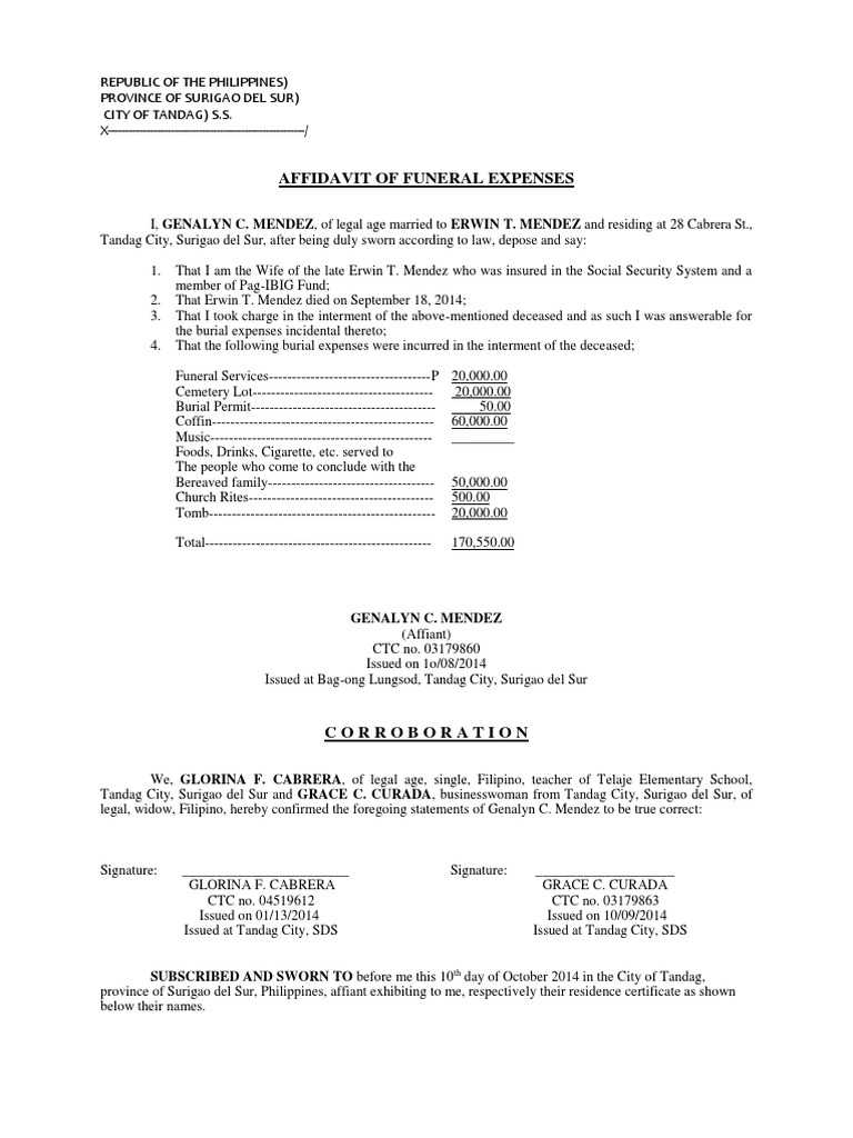 Affidavit of Funeral Expenses Affidavit Burial