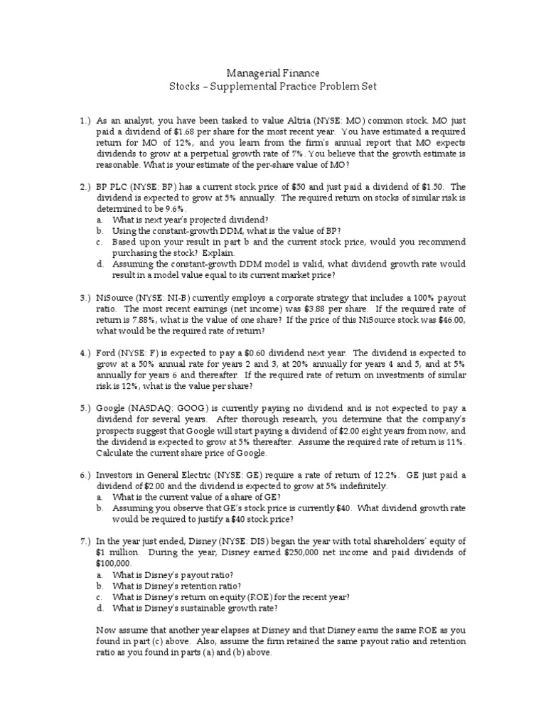 Stock Valuation Practice Problems | PDF | Dividend | Preferred Stock