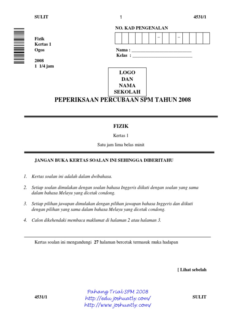 Physics Trial Pahang SPM 2008 (Edu - Joshuatly.com) PDF | PDF