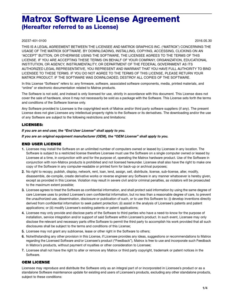 Matrox Software License Agreement: (Hereafter Referred To As License ...