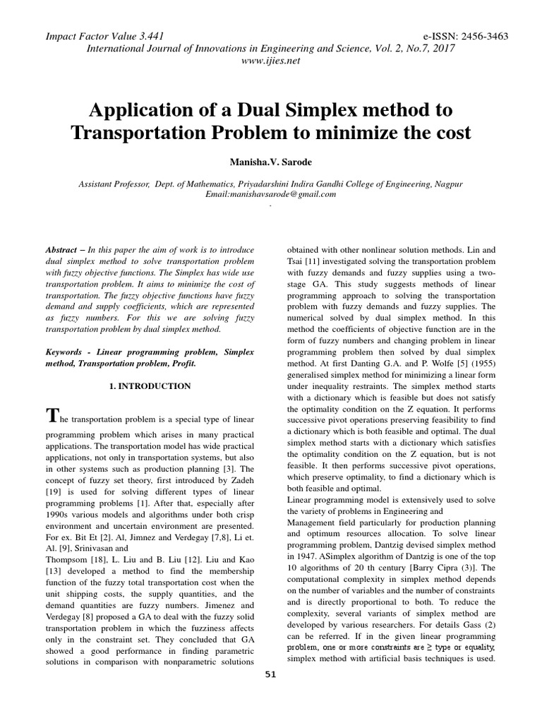 Application of A Dual Simplex Method To Transportation Problem To ...