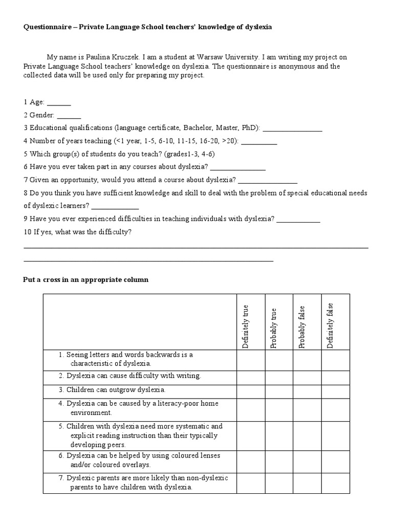 questionnaire Dyslexia Psychological Concepts Free 30day Trial
