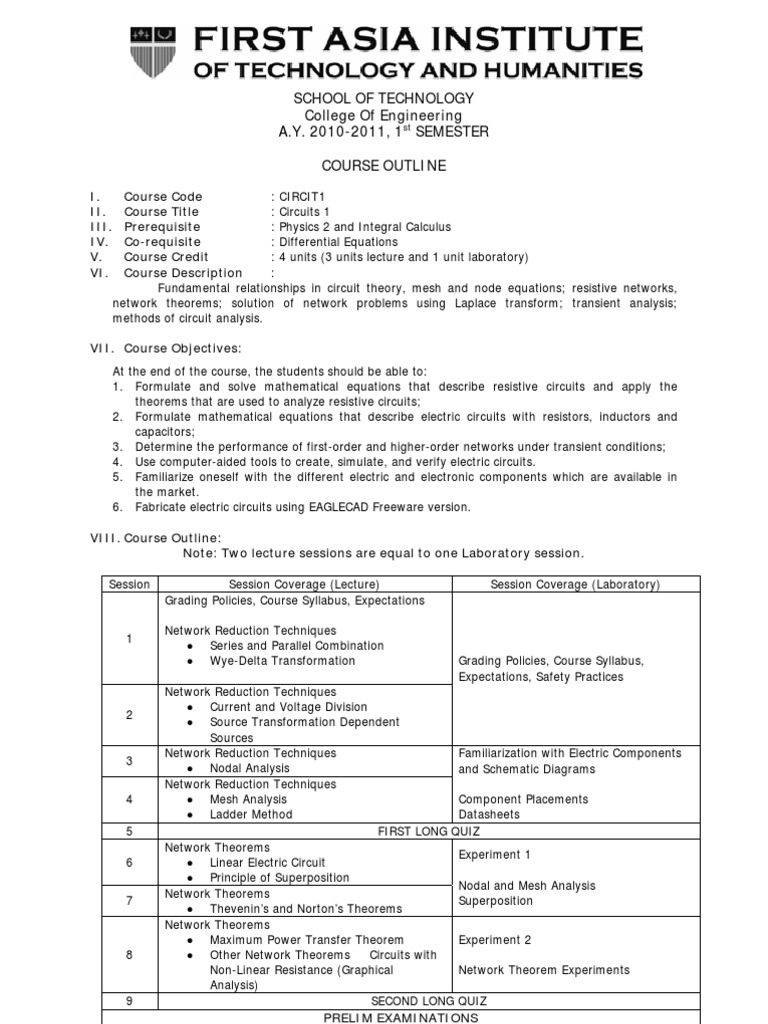 Circuits 1 Course Outline 2010-2011 | PDF | Network Analysis ...