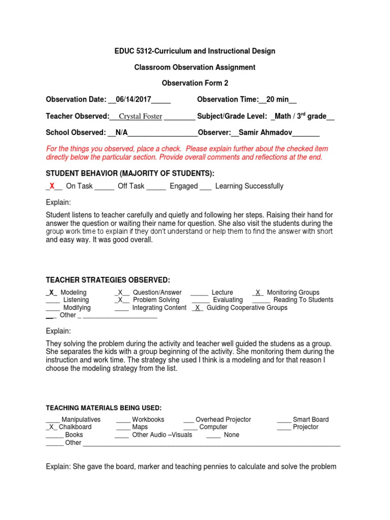 Classroom Observation Report: EDUC 5312 | PDF | Teachers | Epistemology