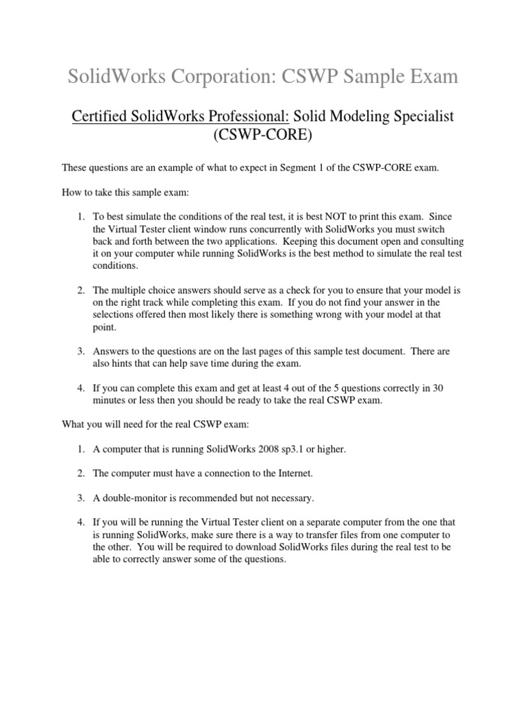 Solidworks Corporation: CSWP Sample Exam: Certified Solidworks ...