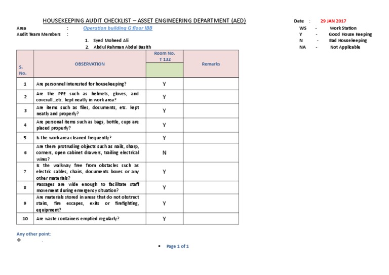 Housekeeping Audit Checklist Asset Engineering Department (Aed) PDF