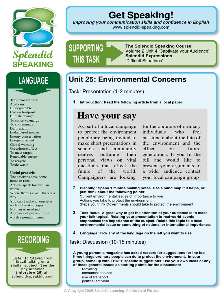 Environmental Concerns SPEAKING PDF | PDF | Audience | Recycling
