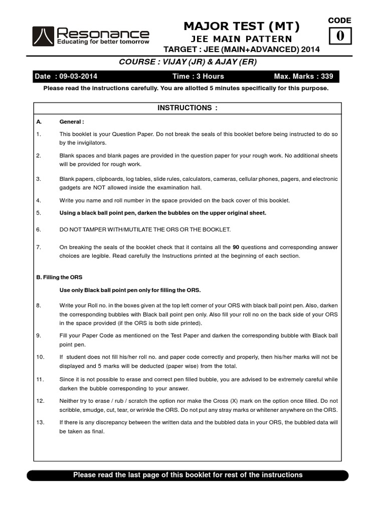 Major Test (MT) : Course: Vijay (JR) & Ajay (Er) | PDF | Gases | Friction