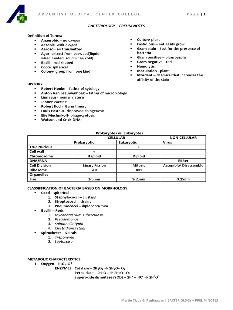 Bacte Notes 1 Introduction To Bacteriology PDF Streptococcus