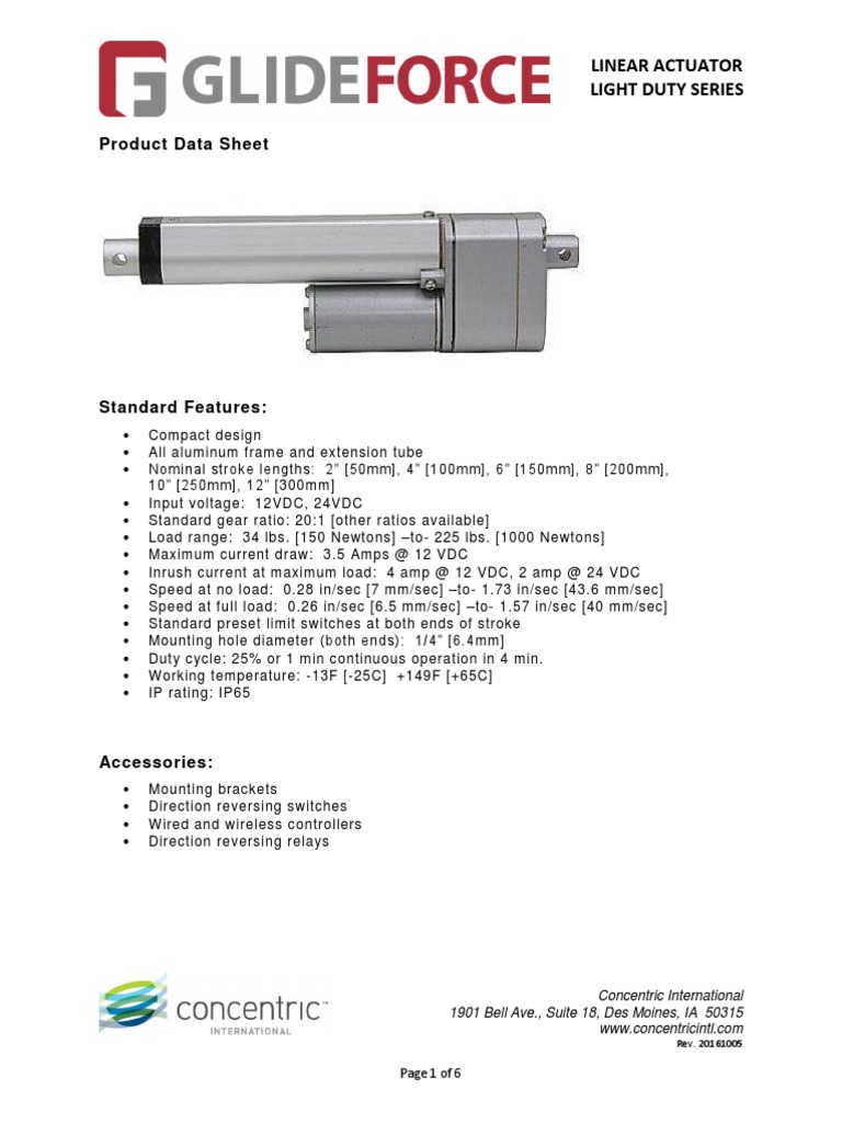 LD Linear Actuator Data Sheet 1607 PDF Actuator Gear