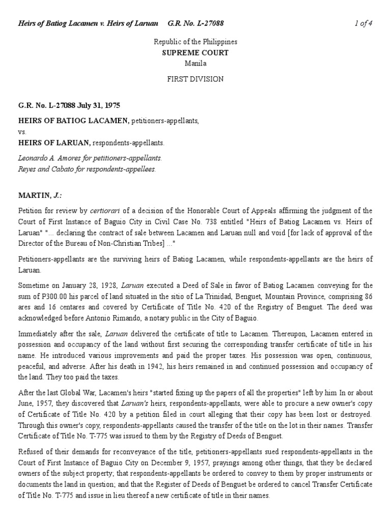 22Heirs of Batiog Lacamen vs. Heirs of Laruan, G.R. No. L27088, July