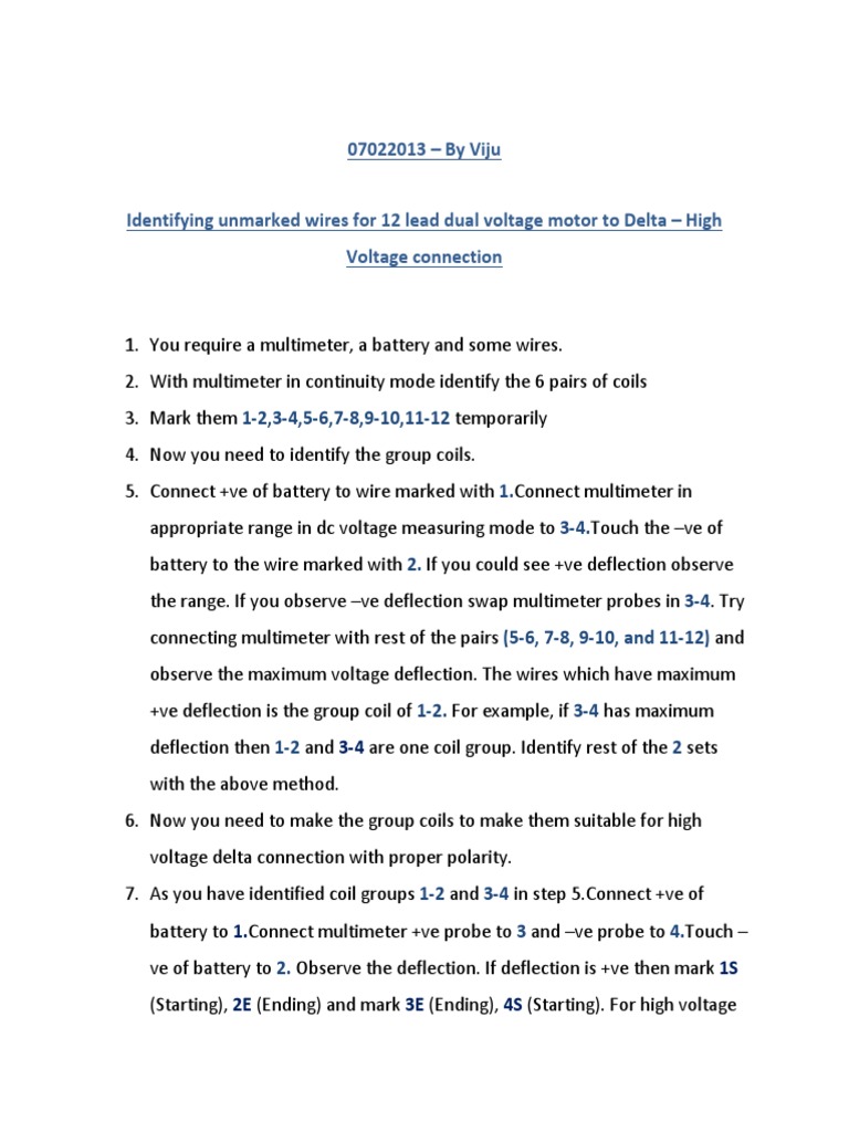Identifying Unmarked Wires For 12 Lead Dual Voltage Motor To Delta PDF